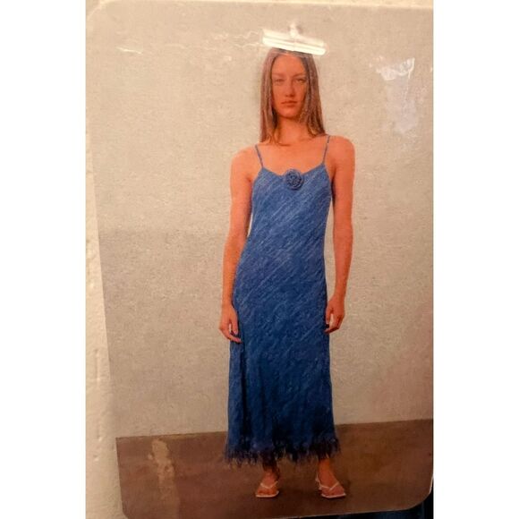 Moon River Blue Crinkled Sleeveless Slip Dress Feather Trim Detail Sz S summer - Picture 1 of 5